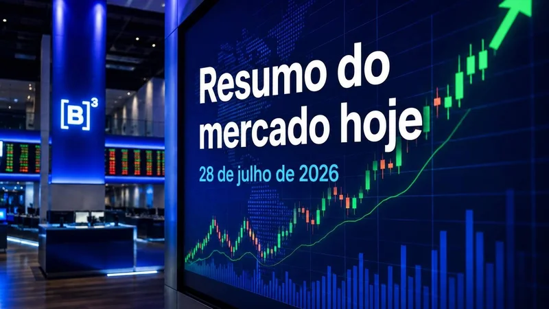 Painel da B3 com gráfico de alta e o título “Resumo do mercado hoje”, referente a 28 de julho de 2026.