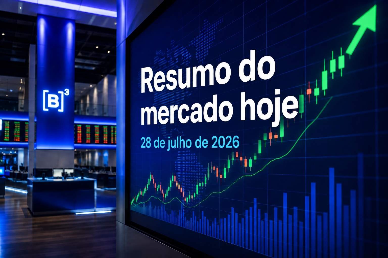 Painel da B3 com gráfico de alta e o título “Resumo do mercado hoje”, referente a 28 de julho de 2026.