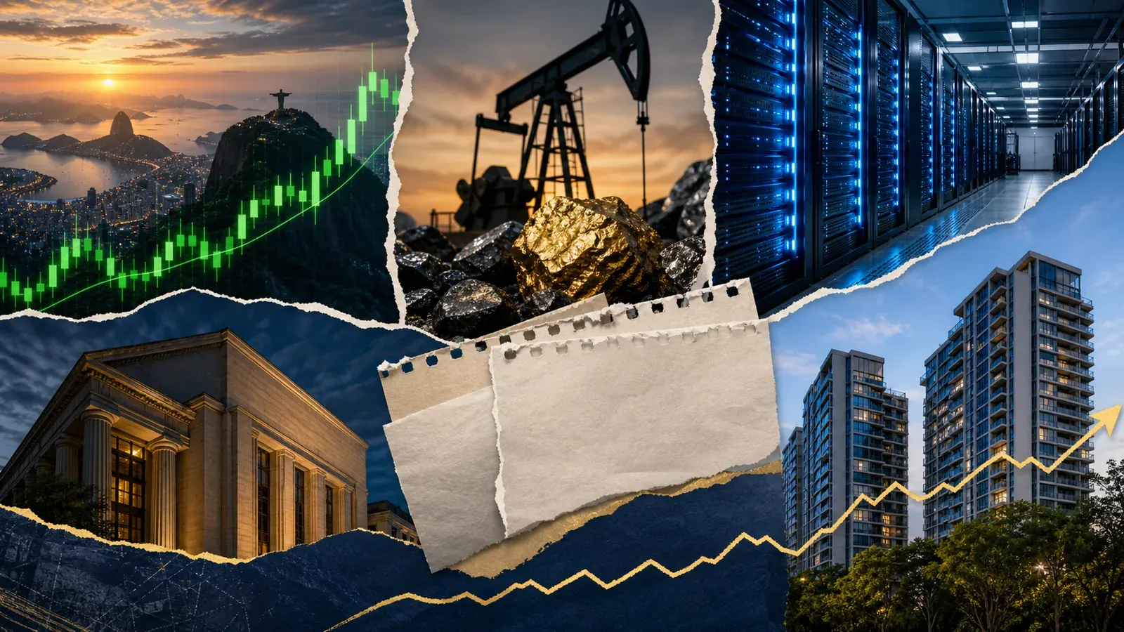 Colagem editorial reunindo Bolsa, commodities, inteligência artificial, juros e fundos imobiliários