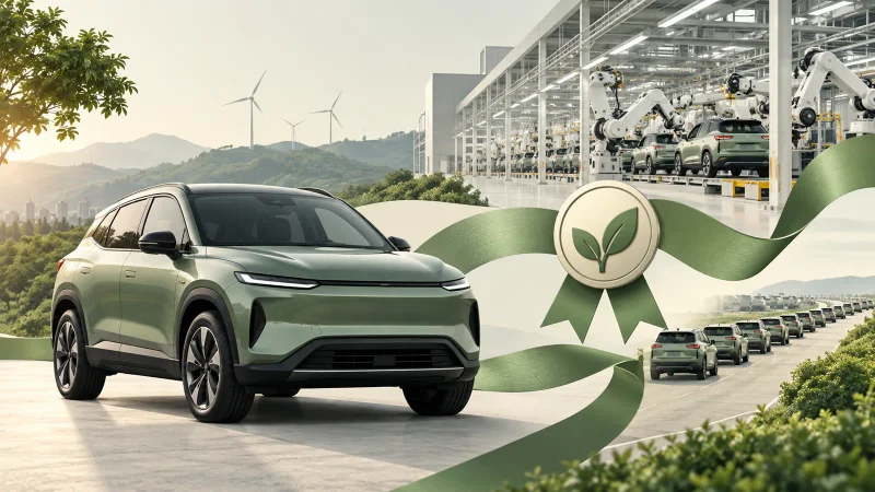 Colagem clean com SUV elétrico, fábrica e recorde de entregas