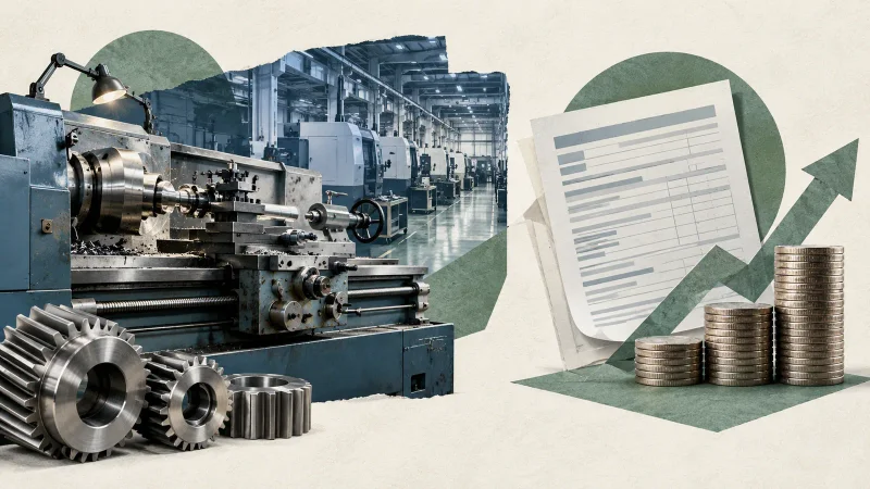 Colagem editorial com torno industrial, fábrica, documento tributário e moedas representando o balanço da Romi