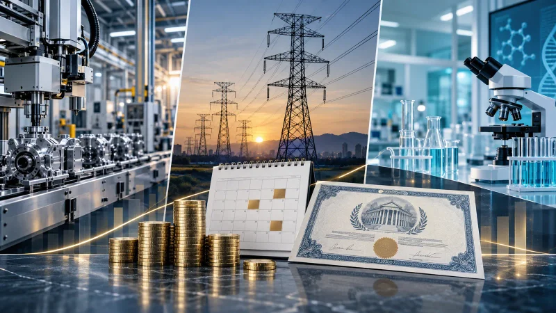 Máquinas industriais, rede elétrica e laboratório unidos por calendário e moedas