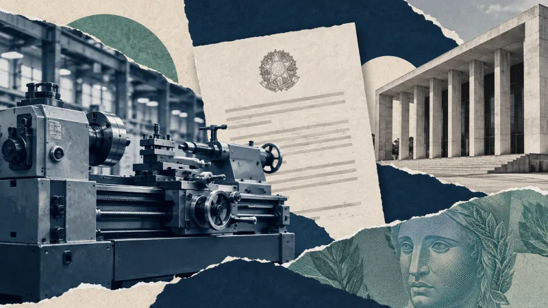 Colagem ilustrativa de máquina industrial e documento tributário para notícia da Romi