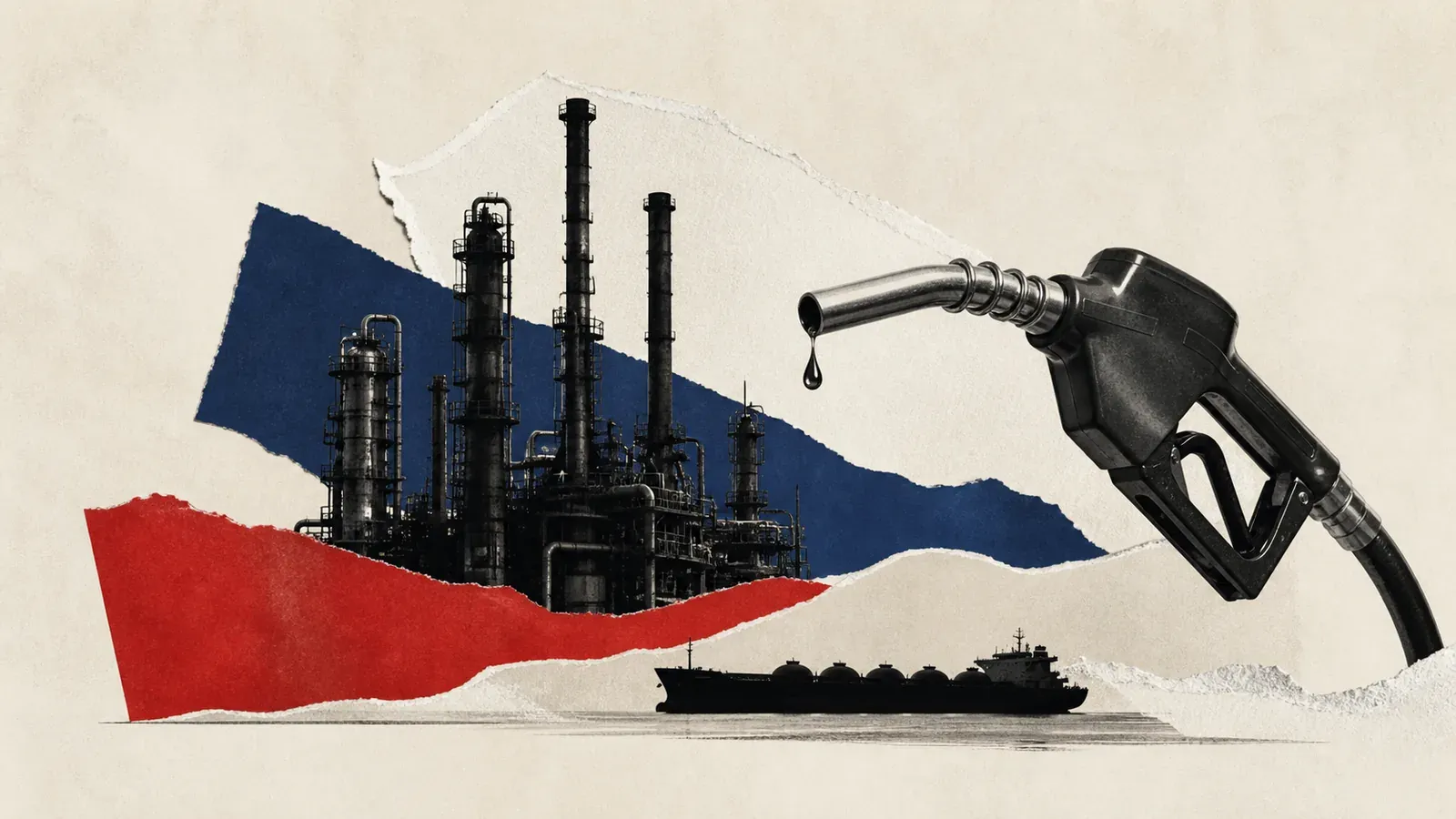 Refinaria, navio e bomba de diesel em colagem sobre a restrição de exportações da Rússia
