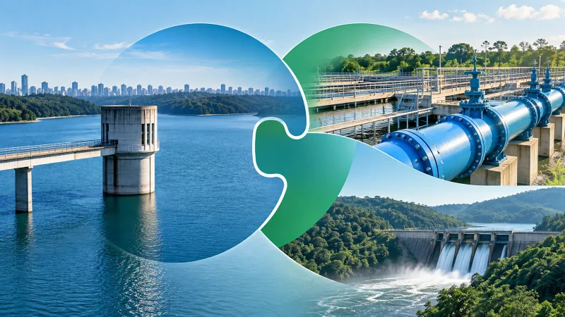 Reservatório, tubulações e hidrelétrica em colagem sobre a incorporação da EMAE pela Sabesp