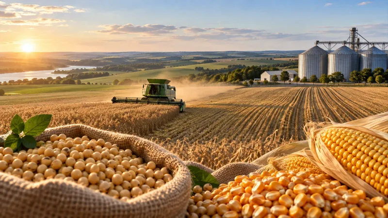 Soja e milho em primeiro plano com colheitadeira e silos em lavoura brasileira