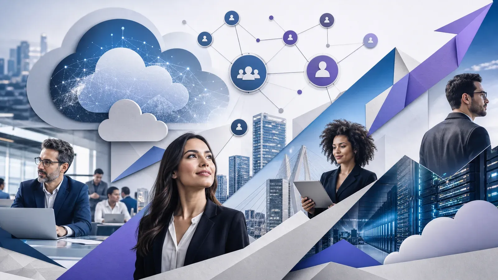 Colagem editorial com computação em nuvem, inteligência artificial e crescimento da Salesforce