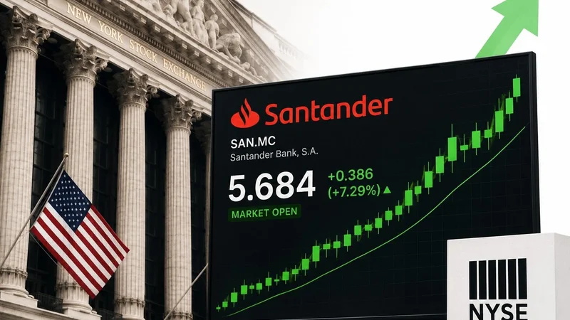 Painel com ações do Santander em alta diante da fachada da Bolsa de Nova York.