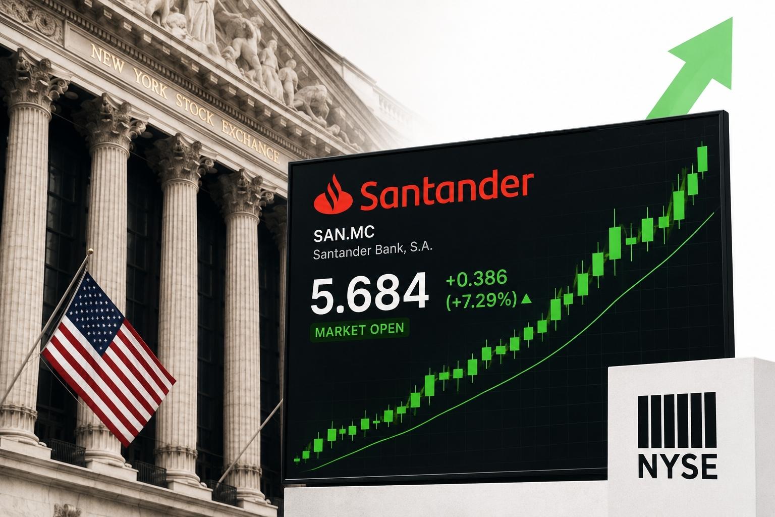 Painel com ações do Santander em alta diante da fachada da Bolsa de Nova York.