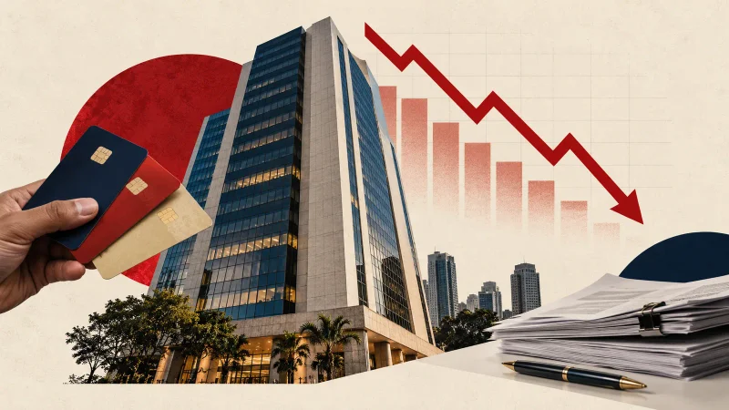 Colagem minimalista com prédio bancário genérico, cartões, documentos e gráfico de queda do lucro