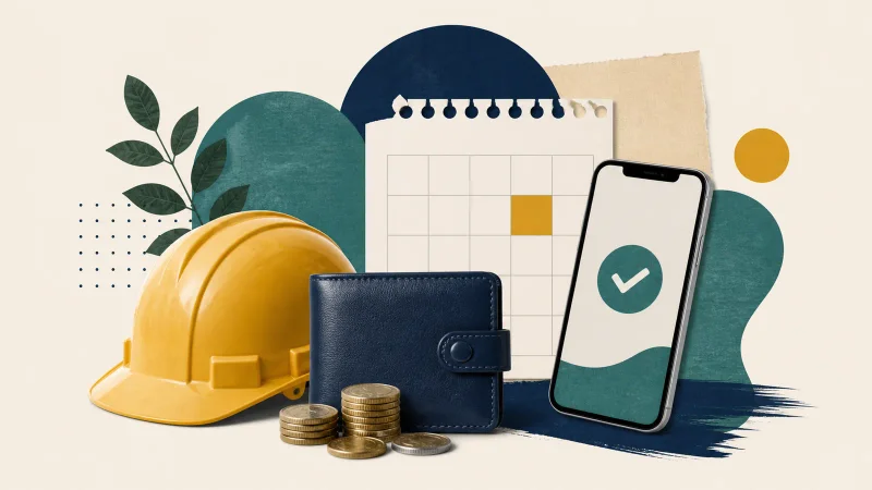 Capacete de trabalhador, carteira, moedas, calendário e celular representam o saque-aniversário do FGTS