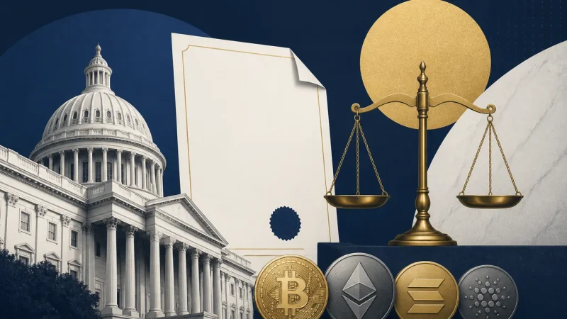 Prédio regulador, documento, balança e moedas digitais representam debate sobre ETFs de cripto