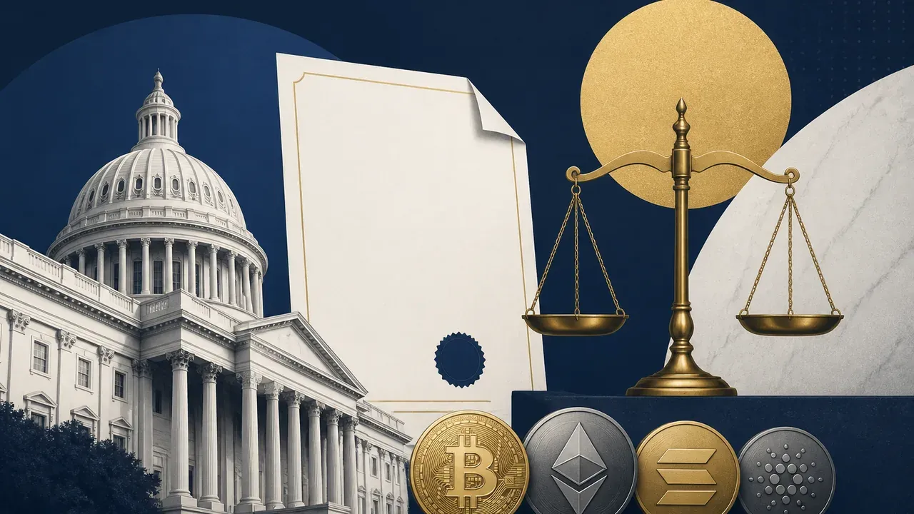 Prédio regulador, documento, balança e moedas digitais representam debate sobre ETFs de cripto