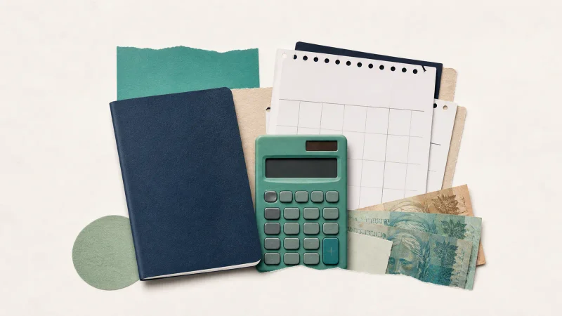 Carteira de trabalho, calculadora, calendário e cédulas representam o cálculo do seguro-desemprego