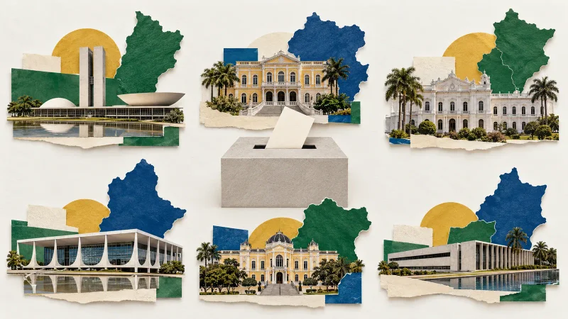 Colagem minimalista com seis cartões de estados, palácios e urna eletrônica