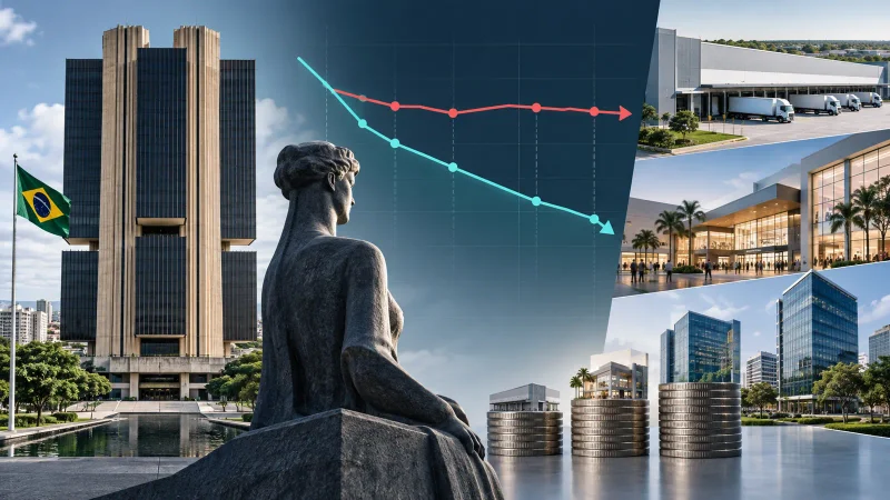 Banco Central, gráfico de juros e imóveis representam a relação entre Selic e fundos imobiliários