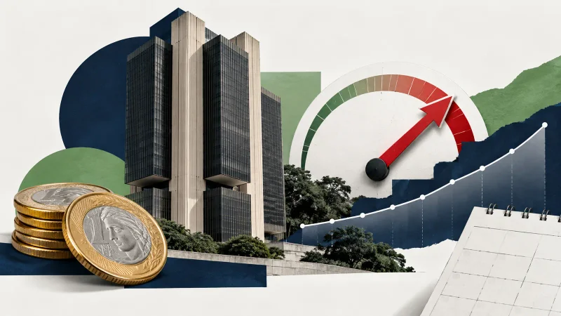 Colagem minimalista com prédio do Banco Central, moedas e medidor de juros