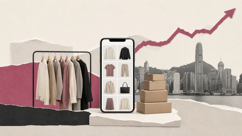 Roupas, celular, encomendas e Hong Kong em colagem sobre o IPO da Shein