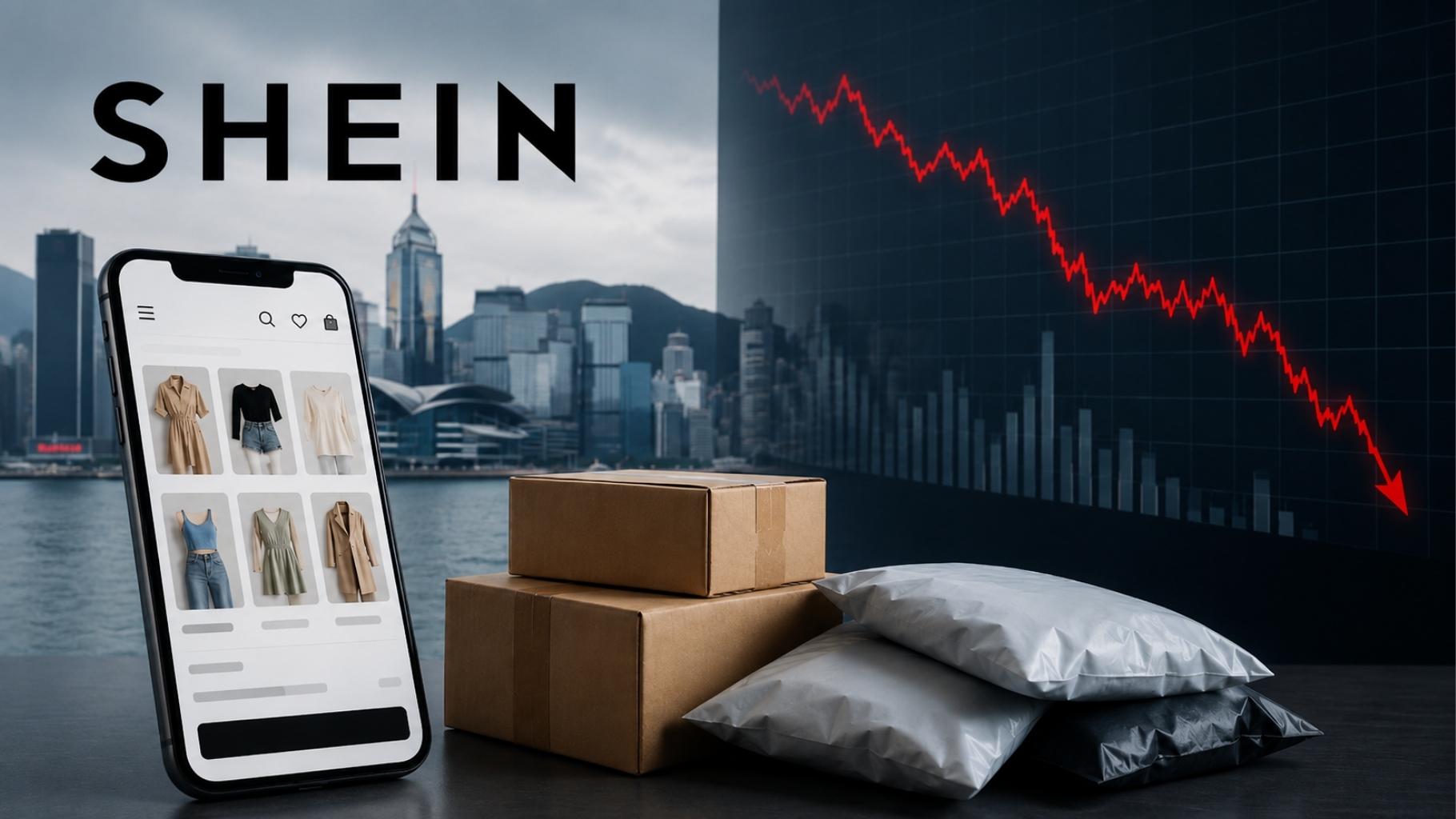 Marca Shein aparece ao lado de pacotes de encomendas e gráfico de queda, em referência ao prejuízo da empresa antes do IPO em Hong Kong