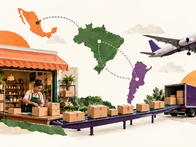 Colagem editorial com pequena loja, pacotes, esteira logística, avião e rotas pela América Latina