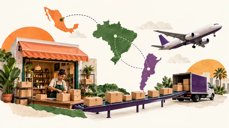 Colagem editorial com pequena loja, pacotes, esteira logística, avião e rotas pela América Latina
