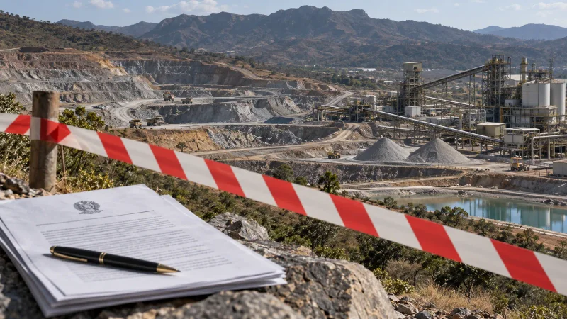 Complexo de mineração de lítio com documento judicial e isolamento simbólico