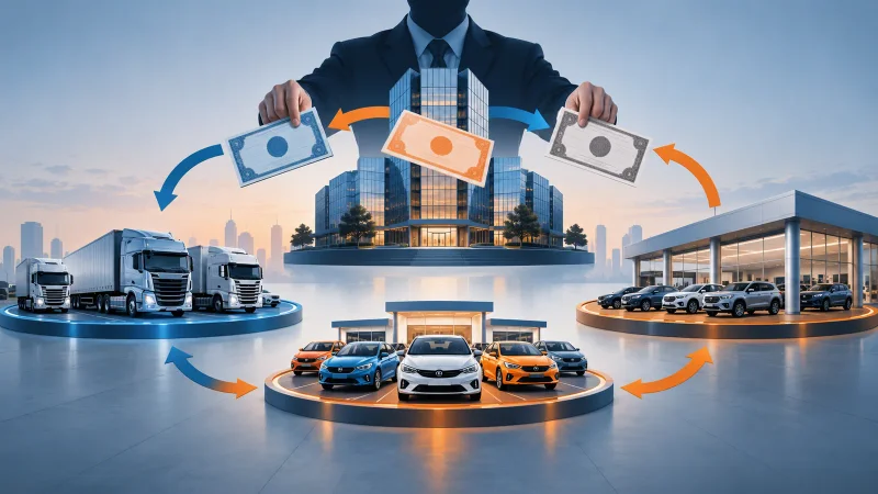 Colagem clean com caminhões, carros, concessionárias e contratos derivativos