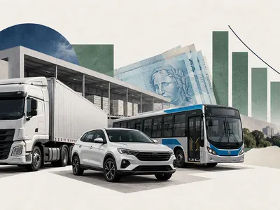 Colagem minimalista com caminhão, automóvel, ônibus, armazém, notas de real e barras descendentes