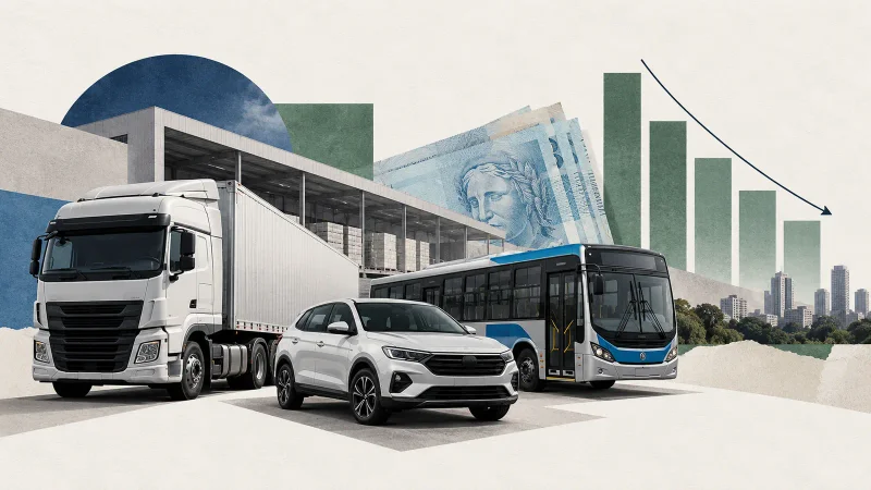 Colagem minimalista com caminhão, automóvel, ônibus, armazém, notas de real e barras descendentes