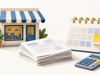 Colagem editorial com pequena empresa, documentos tributários, calendário e calculadora