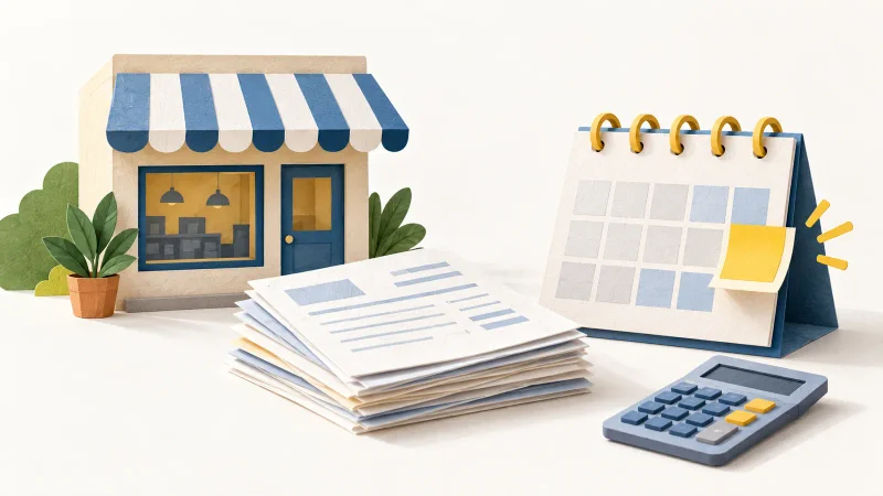Colagem editorial com pequena empresa, documentos tributários, calendário e calculadora