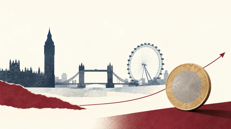 Colagem clean com Londres, moeda sem inscrições e curva discreta de crescimento
