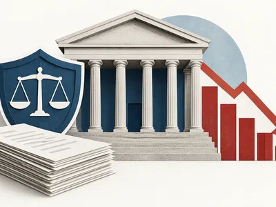 Colagem clean com banco, documentos regulatórios e gráfico de lucro em queda