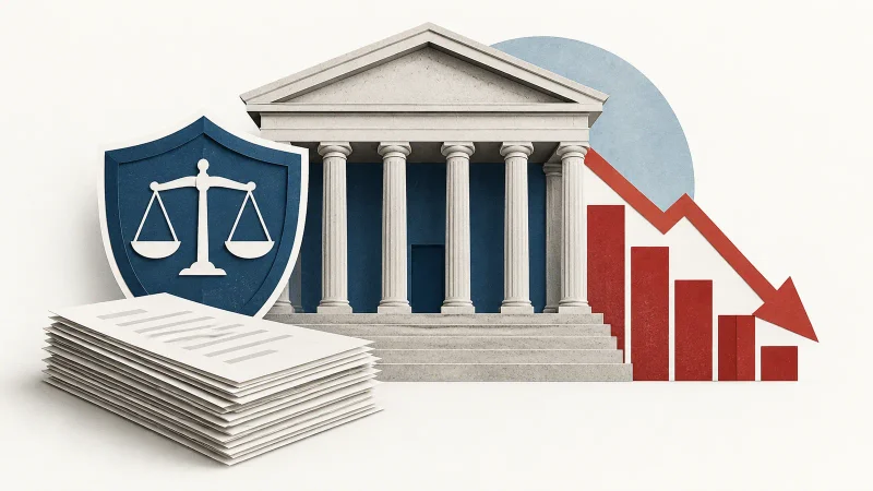 Colagem clean com banco, documentos regulatórios e gráfico de lucro em queda