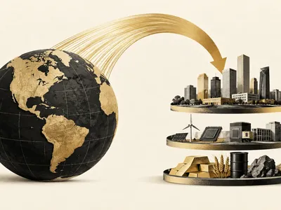 Colagem clean com globo, camadas de investimentos e arco de entrada de recursos