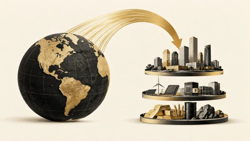 Colagem clean com globo, camadas de investimentos e arco de entrada de recursos