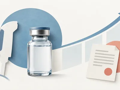 Colagem clean com frasco médico, equipamento de saúde e curva de projeção em alta