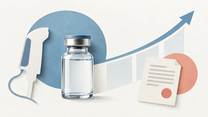 Colagem clean com frasco médico, equipamento de saúde e curva de projeção em alta
