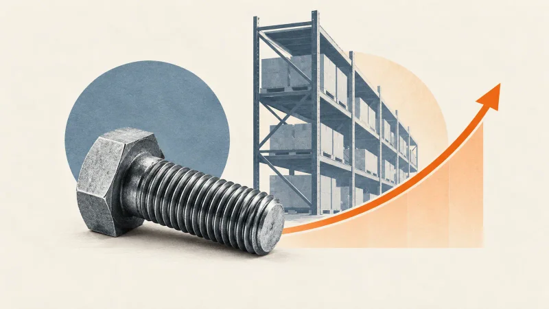 Colagem clean com parafuso industrial, prateleira de armazém e curva de crescimento
