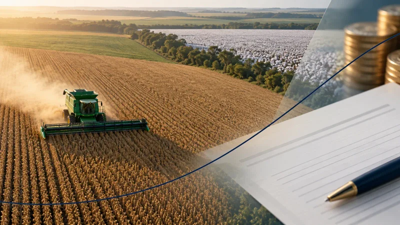 Colheita em grande área agrícola combinada a documento financeiro representa a emissão de CPR da SLC Agrícola