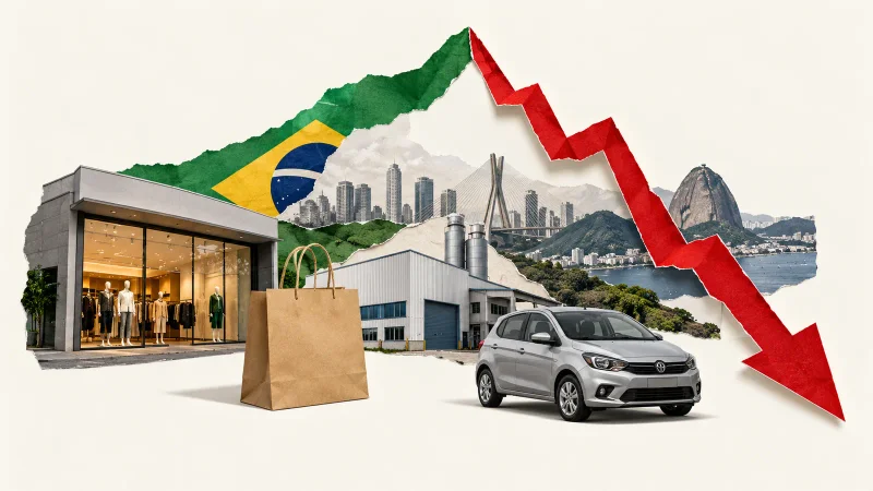 Colagem minimalista com loja, sacola, fábrica, carro e gráfico vermelho em queda