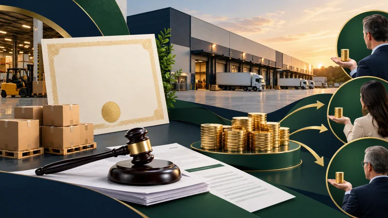 Colagem minimalista com galpão logístico, certificado, moedas, martelo e distribuição