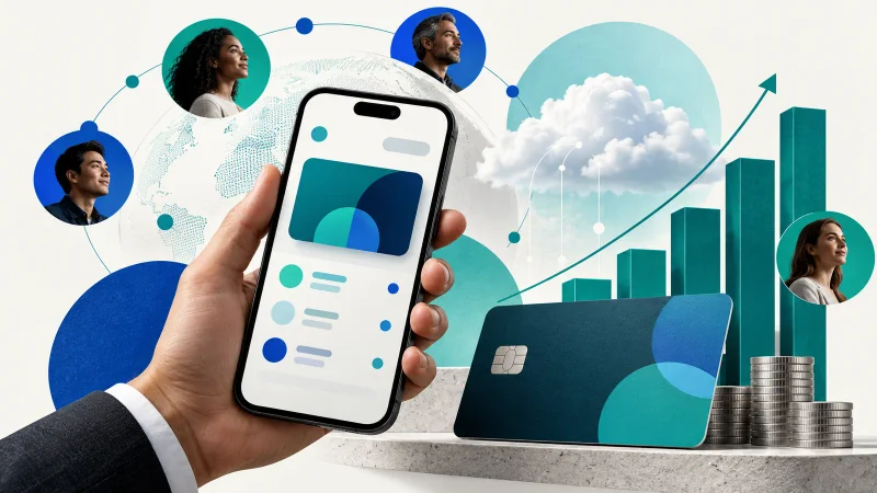 Colagem minimalista com celular de banco digital, cartão, rede de usuários e gráfico de crescimento