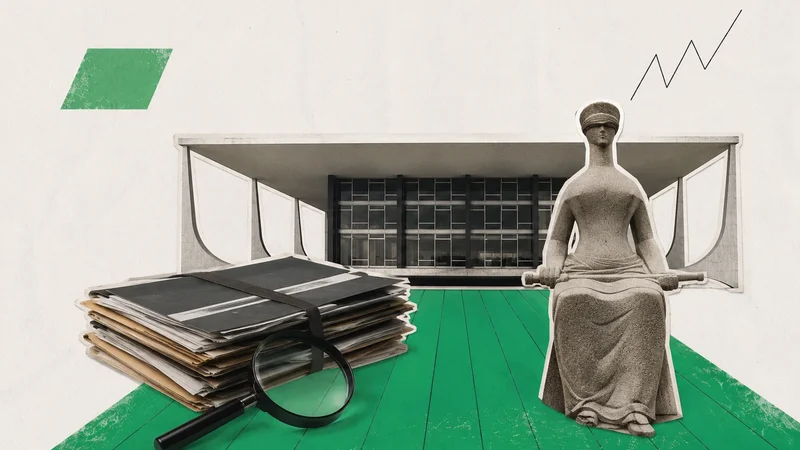 Ilustração em estilo colagem com a fachada do Supremo Tribunal Federal (STF), estátua da Justiça, lupa e pilha de documentos, representando investigação da Polícia Federal sobre o caso Banco Master.