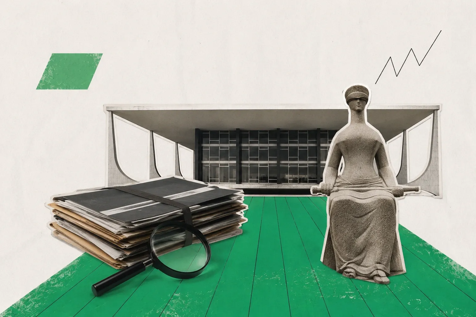 Ilustração em estilo colagem com a fachada do Supremo Tribunal Federal (STF), estátua da Justiça, lupa e pilha de documentos, representando investigação da Polícia Federal sobre o caso Banco Master.