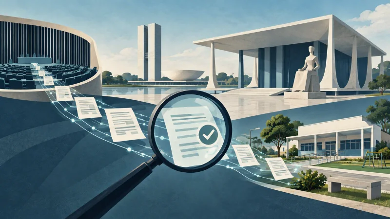 Ilustração editorial de documentos de emendas, Congresso e tribunal conectados por uma trilha de fiscalização