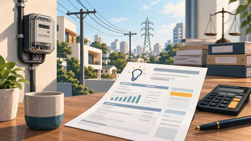 Ilustração editorial de medidor de energia, conta de luz e documentos de processo tributário