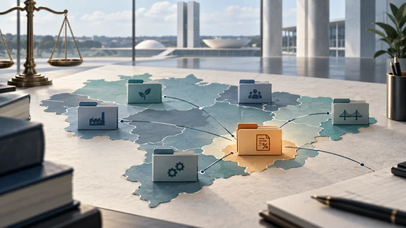 Ilustração editorial de mapa de São Paulo, documentos fiscais e análise judicial de incentivos