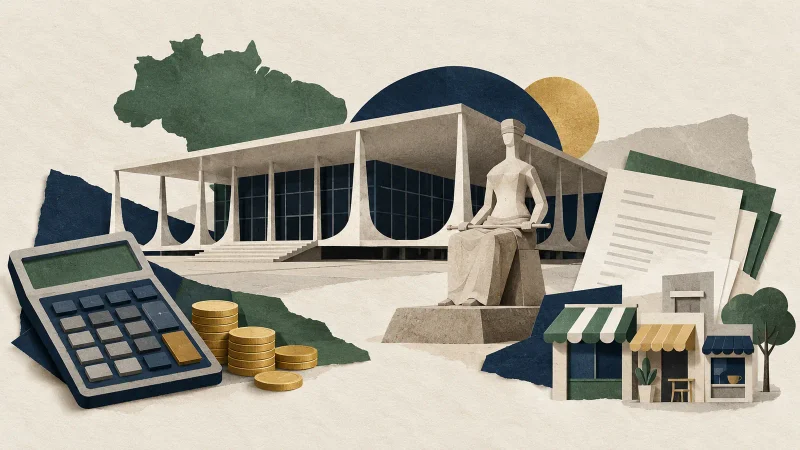 Colagem editorial com STF, calculadora, moedas, documentos tributários e pequenos negócios