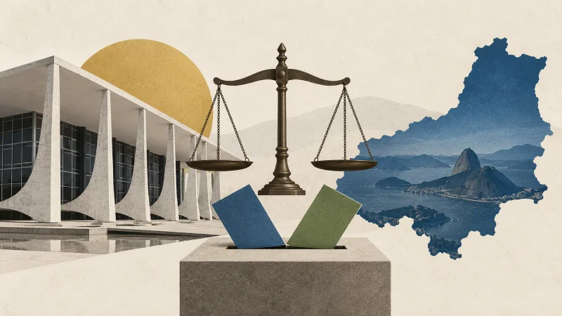 Colagem minimalista com edifício do STF, balança da Justiça, urna e mapa do estado do Rio de Janeiro